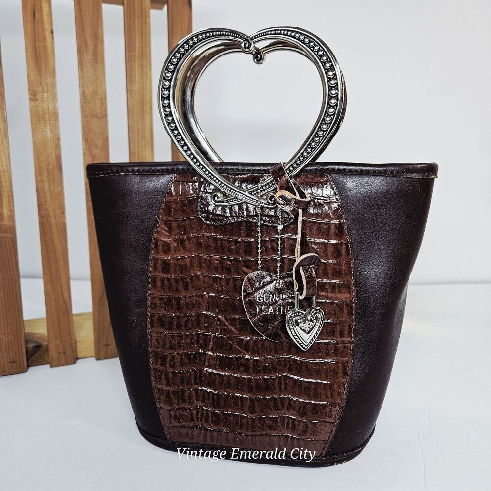 Vtg Bucket Purse Real Brown Leather Embossed Pattern Silver Heart Shaped Handles